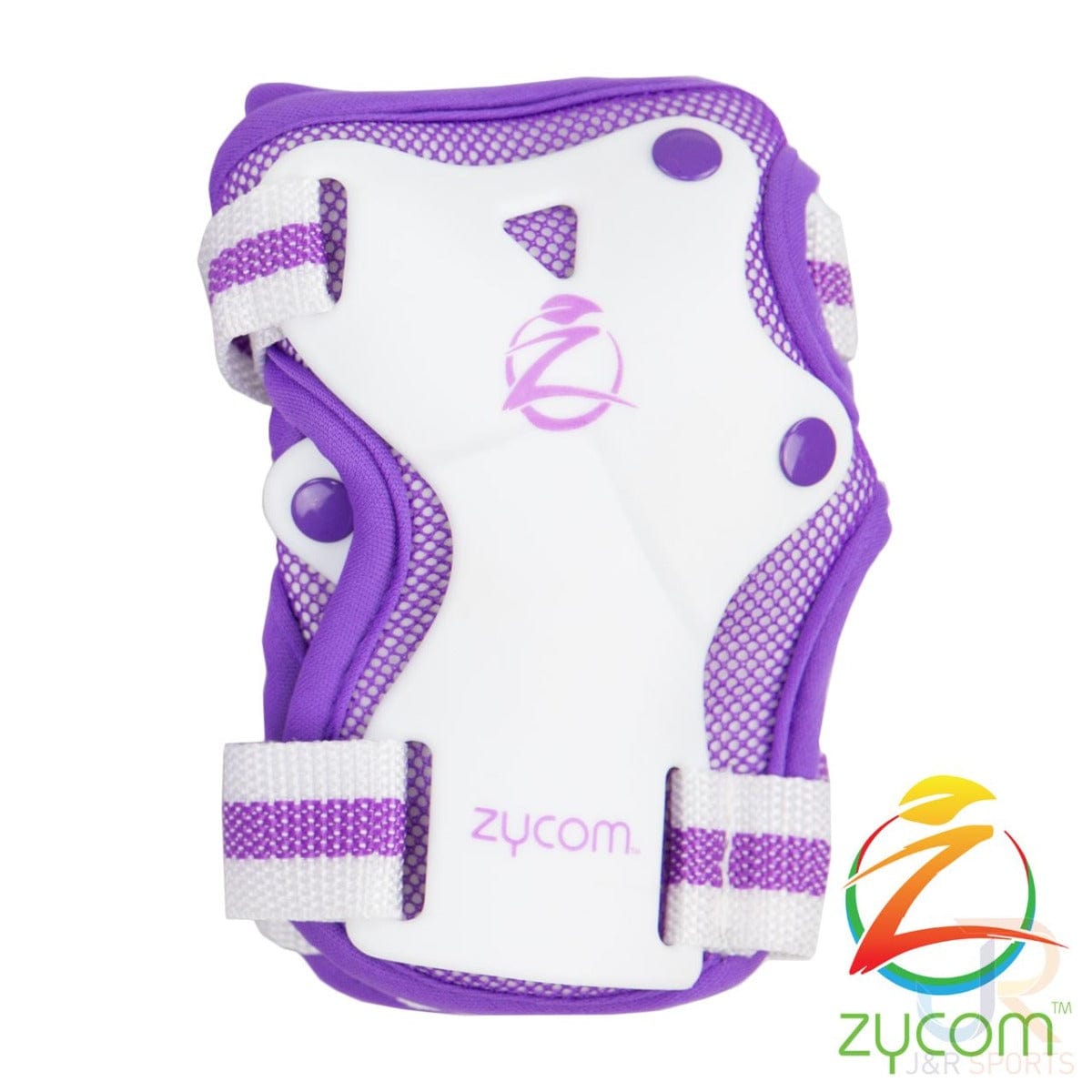 The Zycom Child Combo Skate Protection Pad Set in Lilac and White features knee pads with a snug fit, thanks to adjustable Velcro straps. Stylishly designed, the brand "Zycom" is prominently displayed on the front in purple, accompanied by an elegant "Z" logo above. This essential protection piece provides reliable knee safety for all of your child's active adventures.