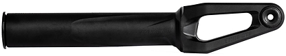 The Ethic DTC Merrow V3 8/12STD SCS Stunt Scooter Forks in Black by Ethic feature a cylindrical base, open triangular cutout near the mounting hole, and a smooth matte finish for a sleek, modern look.