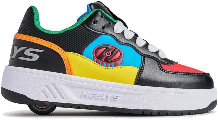 The Heelys Rezerve Low Boys Shoes by Heelys feature a beginner-friendly design with a wheel in the heel, black, red, cyan, and yellow panels, white laces, and a thick white sole.