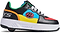 The Heelys Rezerve Low Boys Shoes by Heelys feature a beginner-friendly design with a wheel in the heel, black, red, cyan, and yellow panels, white laces, and a thick white sole.