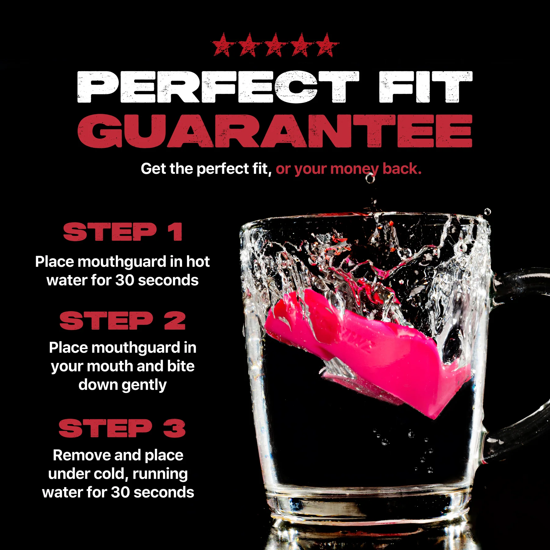 A Safejawz Intro Series Protection Mouthguard - Pink drops into clear water. Steps for fitting with hot and cold water appear nearby, topped by the bold headline "Perfect Fit Guarantee" for jaw stability. Brand: Safejawz.
