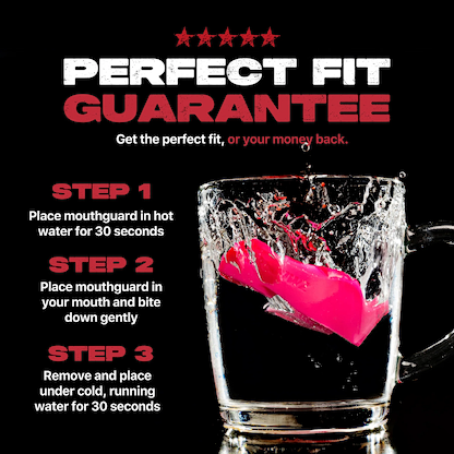 A Safejawz Intro Series Protection Mouthguard - Pink drops into clear water. Steps for fitting with hot and cold water appear nearby, topped by the bold headline "Perfect Fit Guarantee" for jaw stability. Brand: Safejawz.