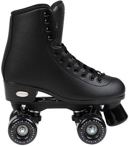The Rookie Classic 78 Quad Roller Skates - Black by Rookie features a high ankle boot, black laces, paired wheels, a front toe stop, and a sturdy metal plate above the wheels.