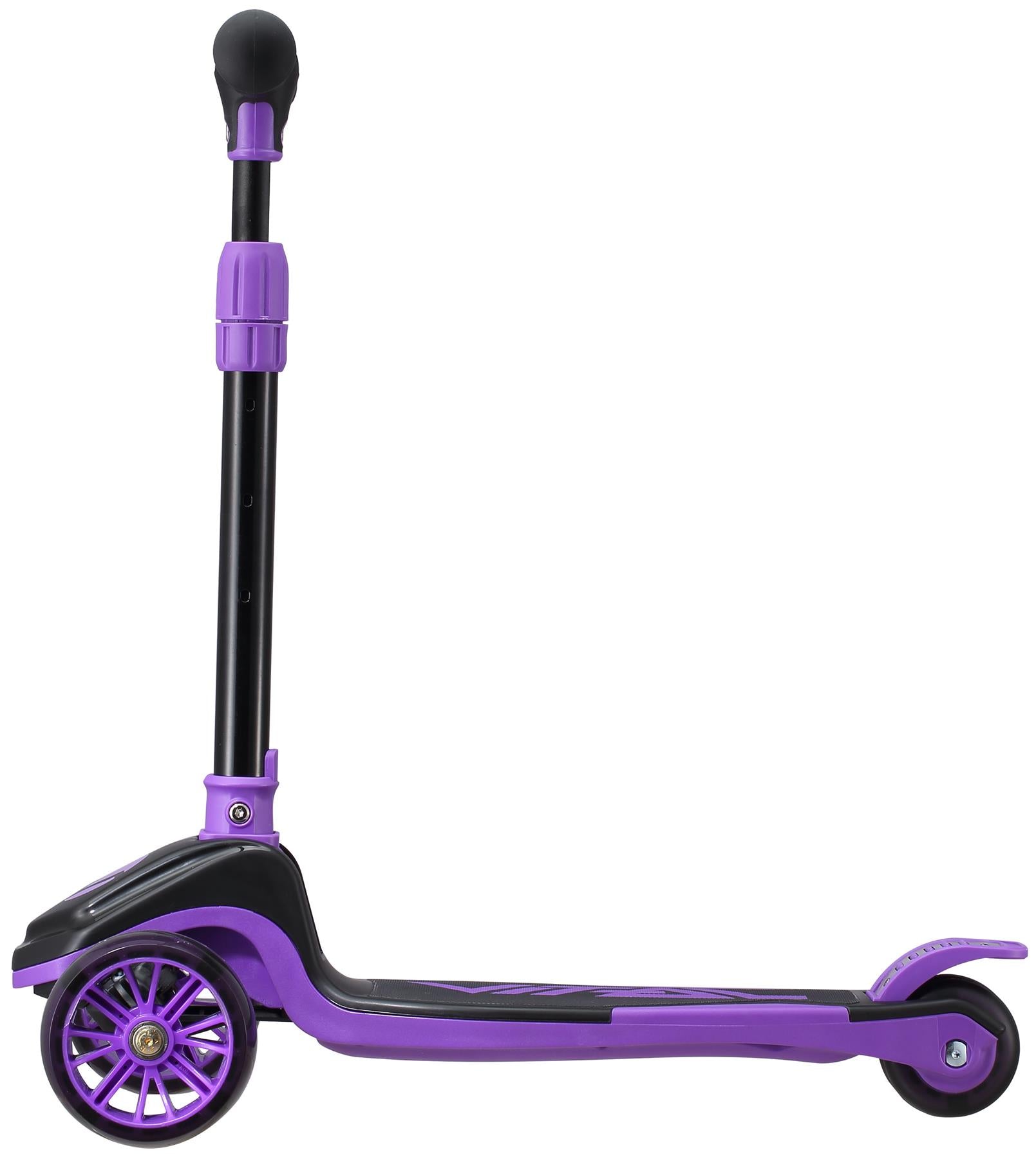 The Vital Tyke 3 Wheel Kids Scooter by Vital, shown in purple with black accents and an adjustable handlebar, is perfect as a first scooter for young riders—featured from the side against a white background.
