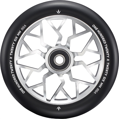 A close-up of the Blunt Envy Sector 120mm Stunt Scooter Wheel - Silver features a black and silver design with geometric spokes. The edge is marked with “ONE HUNDRED TWENTY X TWENTY SIX MM 86A.”.