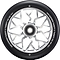 A close-up of the Blunt Envy Sector 120mm Stunt Scooter Wheel - Silver features a black and silver design with geometric spokes. The edge is marked with “ONE HUNDRED TWENTY X TWENTY SIX MM 86A.”.