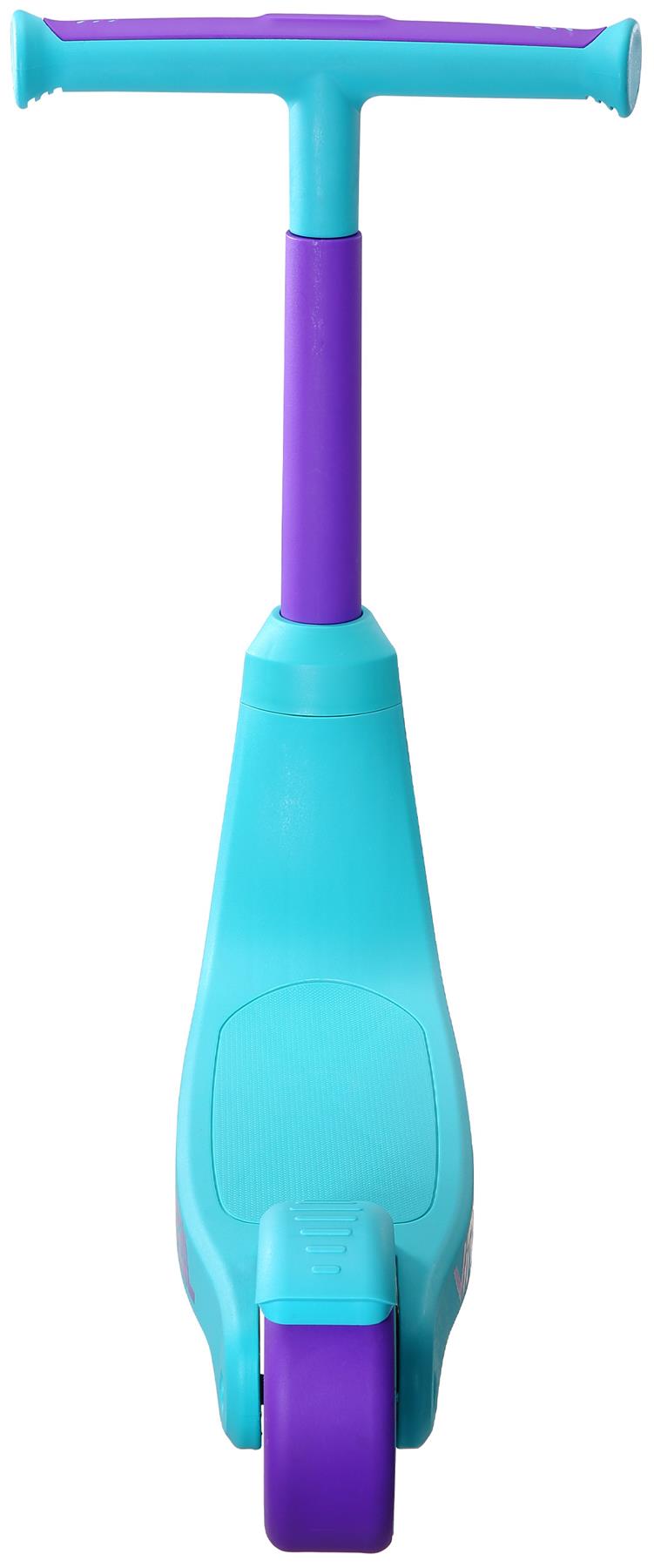 The Vital First Kids Scooter by Vital features a wide purple handlebar and front wheel, while the teal body includes a textured footrest for added grip. This 2-wheel scooter is shown in a front view with its vibrant teal and purple design.