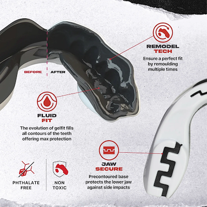 The Safejawz Extro Series Protection Mouthguard - Mo by Safejawz is a black-and-white sports mouthguard featuring remodel tech for a custom fit, fluid fit for comfort, jaw secure for high-impact protection, and icons for phthalate free and non-toxic.