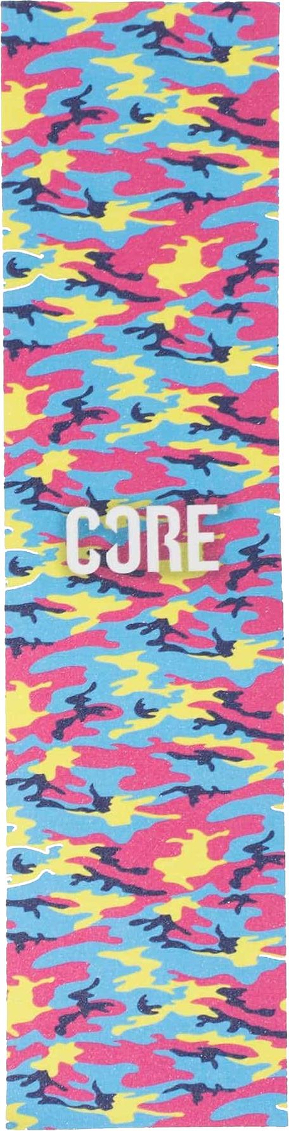 The CORE Stunt Scooter Griptape - Neon Camo by CORE features a rectangular shape with a vibrant blue, pink, yellow, and black camo design plus bold white "CORE" lettering—ideal for personalizing your stunt scooter.