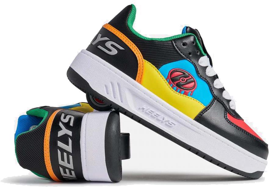 Two Heelys Rezerve Low Boys Shoes—one upright, one on its side showing the wheel—feature black, red, cyan, and yellow panels with white laces and soles. Brand: Heelys.