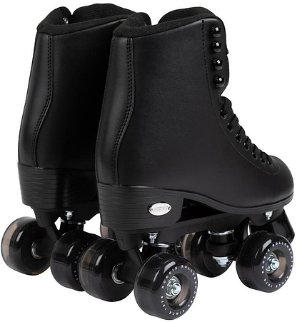 A pair of Rookie Classic 78 Quad Roller Skates - Black by Rookie, featuring high ankle support, black wheels, and black laces, displayed side by side on a white background.