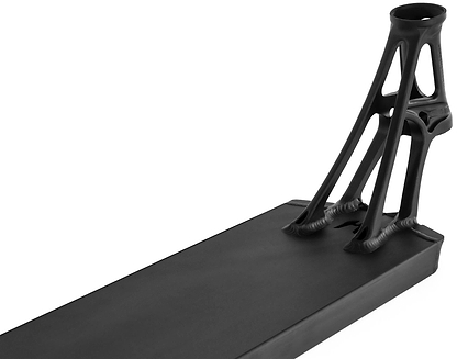 A close-up shows the Ethic Pandemonium V2 Boxed 8/12STD Black Stunt Scooter Deck - 5.9" with an open, skeletal neck and headtube design, set against a white background.