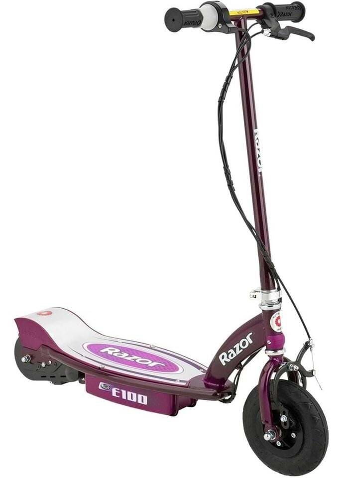The Razor E100 Kids 24V Electric Scooter in Purple by Razor features black handlebars, a wide deck, and a small front wheel, shown on a white background—offering style and fun for young riders.