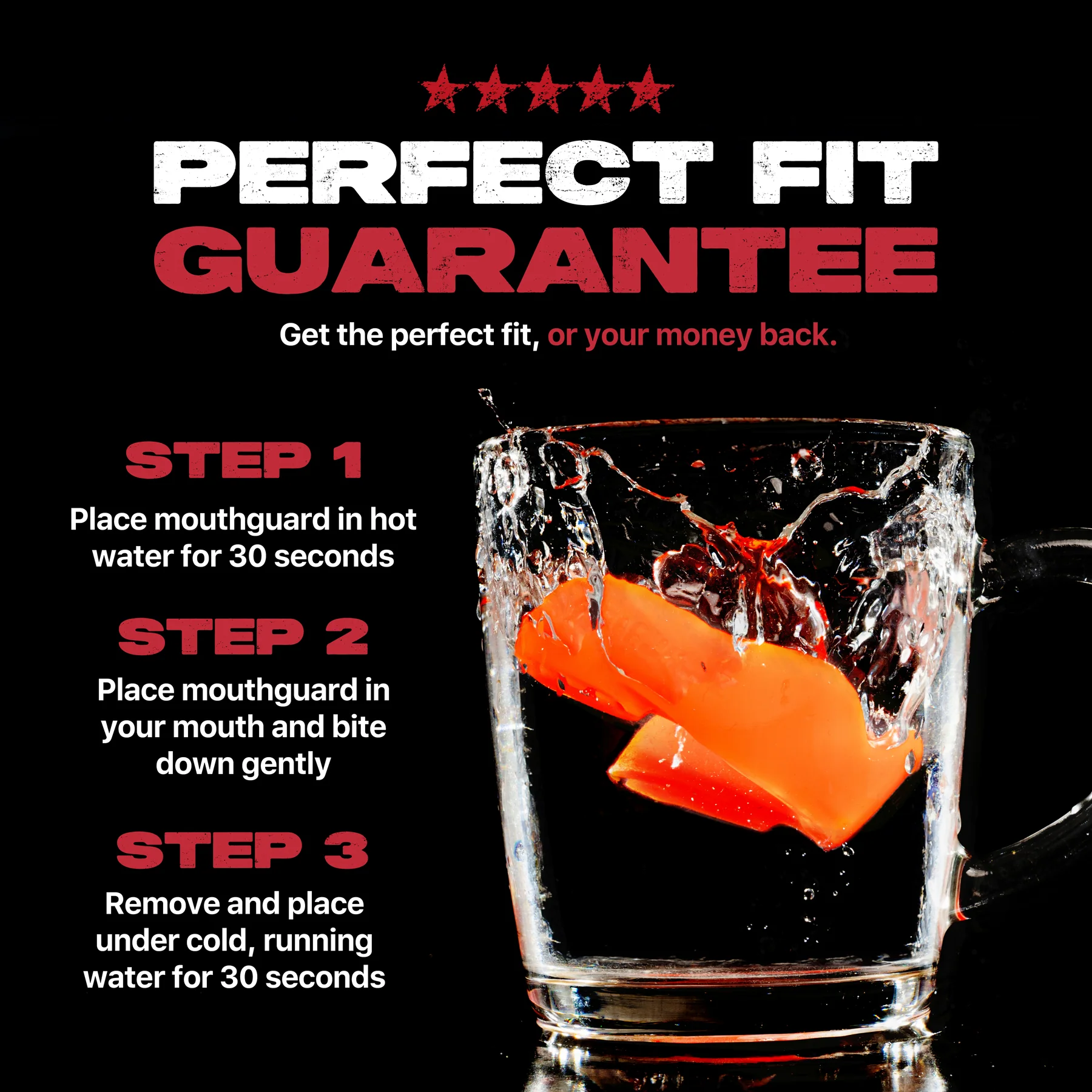 A Safejawz Intro Series Protection Mouthguard - Fluro Orange plunges into water. For comfort and jaw stability: heat, bite, then cool. Text: "Perfect Fit Guarantee—get the ideal fit or your money back.