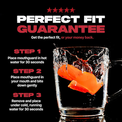 A Safejawz Intro Series Protection Mouthguard - Fluro Orange plunges into water. For comfort and jaw stability: heat, bite, then cool. Text: "Perfect Fit Guarantee—get the ideal fit or your money back.