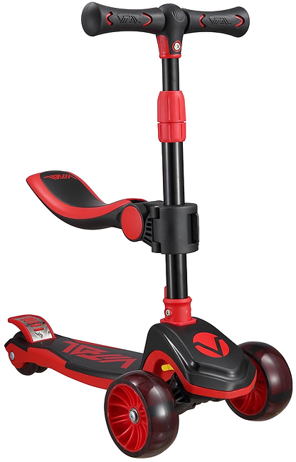 The Vital Tyke 3 Wheel Kids Scooter - Red by Vital features an adjustable handlebar and seat above the deck, making it perfect as a child's first scooter.