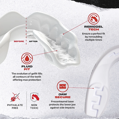 The Safejawz Intro Series Protection Mouthguard - White is shown with close-ups highlighting its remoldable tech, fluid fit for comfort, and jaw stability. Icons show it's phthalate-free and non-toxic. Brand: Safejawz.