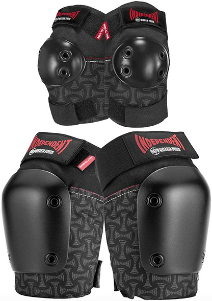The 187 x Independent Killer Adult Combo Knee & Elbow Pad Set in black features hard plastic caps, adjustable straps, and bold red Independent logos—offering stylish, durable protection for adult skateboarders.