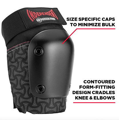 The 187 x Independent Killer Adult Combo Knee & Elbow Pad Set in black features hard shell caps, form-fitting contoured design, size-specific caps to reduce bulk, and the Independent logo—ideal protective gear for skateboarding.