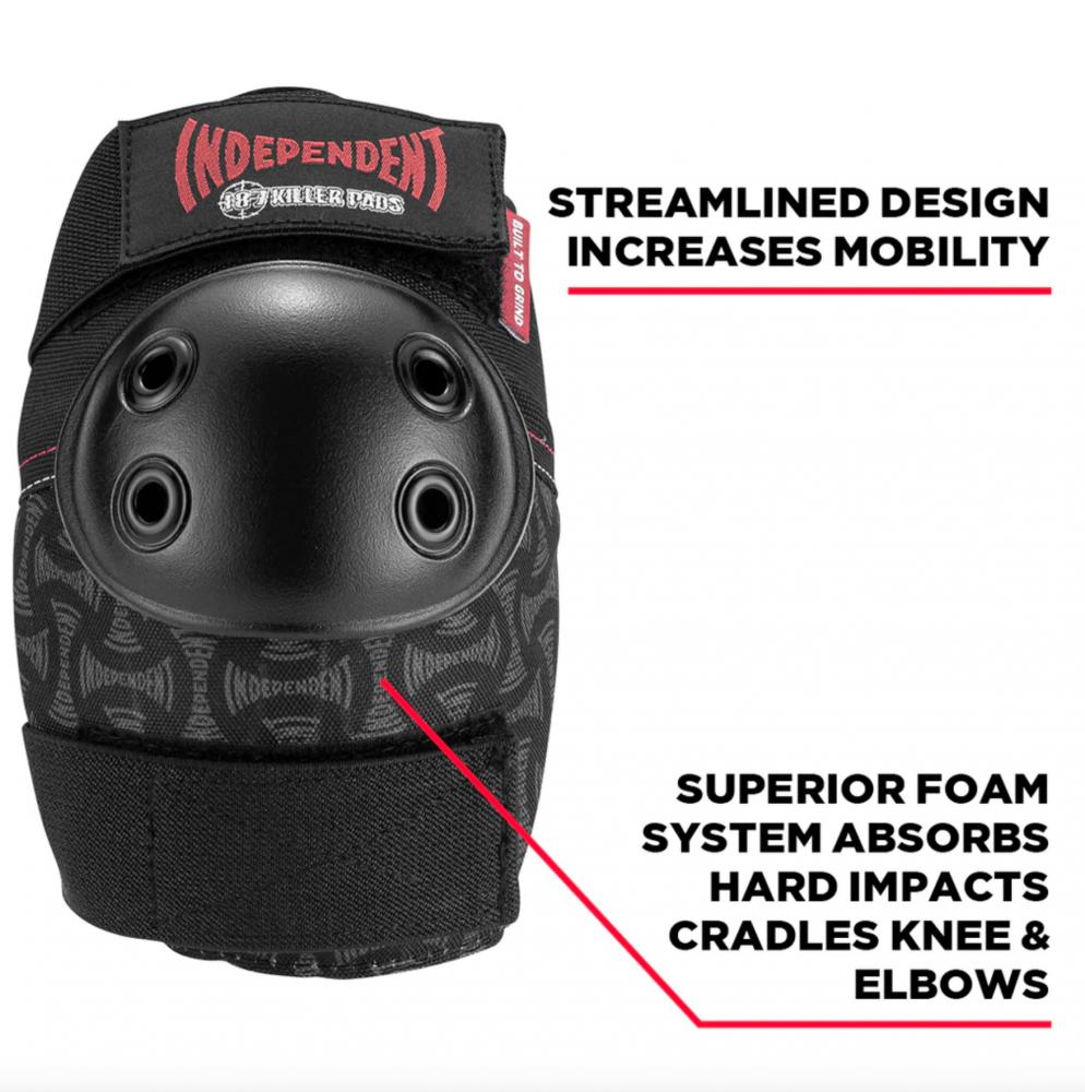 The 187 x Independent Killer Adult Combo Knee & Elbow Pad Set - Black features the Independent logo, hard protective shells, and foam for impact absorption, offering streamlined skateboarding protection with superior mobility.