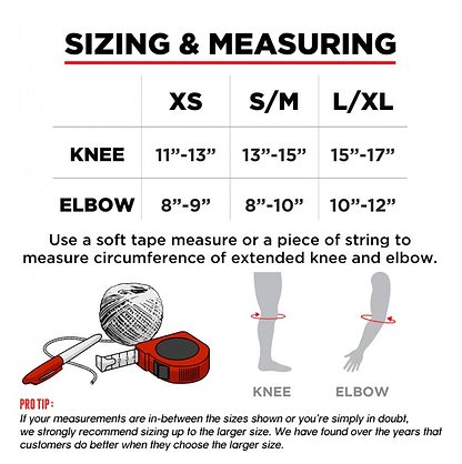 Sizing guide for 187 x Independent Killer Adult Combo Knee & Elbow Pad Set - Black: sizes XS, S/M, L/XL fit knee (11"-17") and elbow (8"-12") circumferences; see illustrations for measuring with a tape or string.