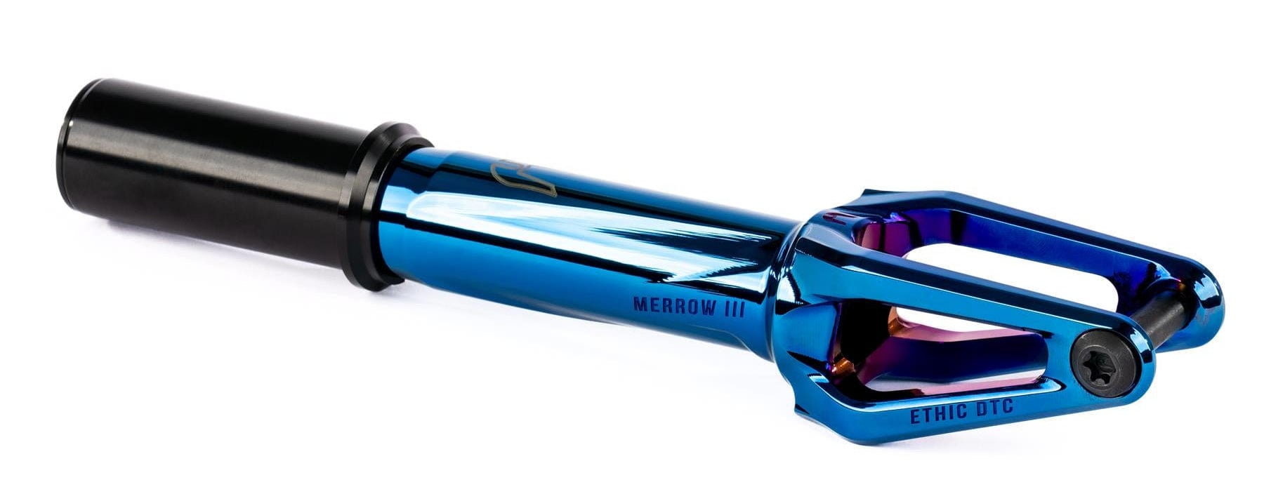 The Ethic DTC Merrow V3 IHC Stunt Scooter Fork in Chrome Blue by Ethic, made from 7075 aluminium, is pictured on a white background highlighting its lightweight, sleek design and pronged end.