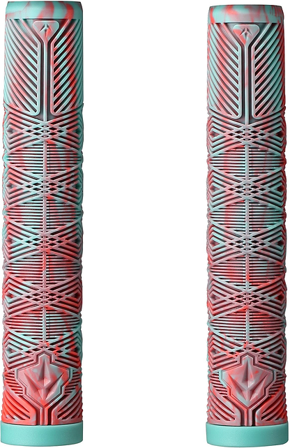 Two cylindrical Blunt Envy V3 Blue / Red Stunt Scooter Grips (160mm) with a textured geometric pattern stand upright side by side on a white background—ideal for stunt scooter customization.
