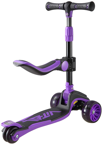 The Vital Tyke 3 Wheel Kids Scooter - Purple by Vital features a foldable, adjustable seat, wide foot deck, adjustable handlebar, and three wheels (two front, one rear)—ideal as a first scooter for young kids.