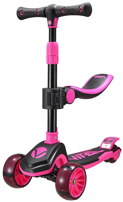The Vital Tyke 3 Wheel Kids Scooter - Pink by Vital features a pink and black design, adjustable handlebar, foldable seat, two large front wheels, a small rear wheel, non-slip deck, and bright accents for safety and fun.
