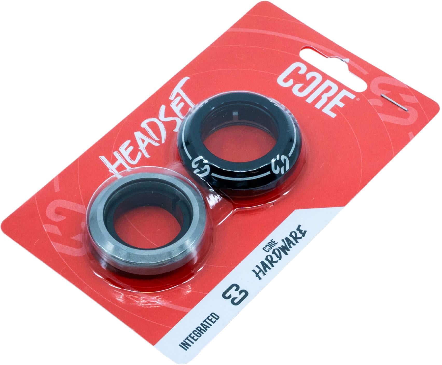 The CORE Icon Integrated Stunt Scooter Headset - Black includes 2 durable headset bearings on a red and white CORE card labeled "Headset," "Integrated," and "C3 Core Hardware," with a cutout for hanging, ensuring smooth scooter rotation.