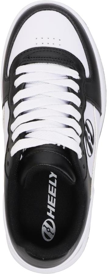 Top view of Heelys Rezerve Low Boys Shoes in black and white by Heelys, featuring white laces and logo details—ideal for beginners discovering rolling fun.