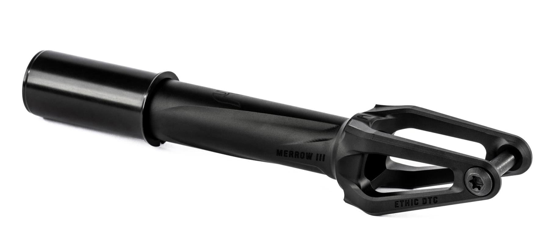 The Ethic DTC Merrow V3 HIC Stunt Scooter Fork in black, crafted from 7075 aluminium by Ethic, features a sleek angular design and single axle bolt—one of the lightest forks available.