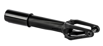 The Ethic DTC Merrow V3 HIC Stunt Scooter Fork in black, crafted from 7075 aluminium by Ethic, features a sleek angular design and single axle bolt—one of the lightest forks available.