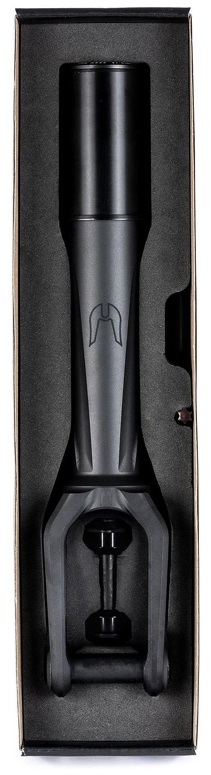 The Ethic DTC Merrow V3 8/12STD HIC Stunt Scooter Fork in black features a matte finish, minimalist front logo, and comes foam-packaged. Designed for freestyle scooters as a 8/12STD fork by Ethic.
