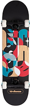 The Birdhouse Stage 3 Overlay Logo Complete Skateboard (7.75" x 31") features white wheels and a black Canadian Maple deck with a colorful abstract geometric design in blue, red, white, and wood tones. "Birdhouse" is printed near the tail of the deck.
