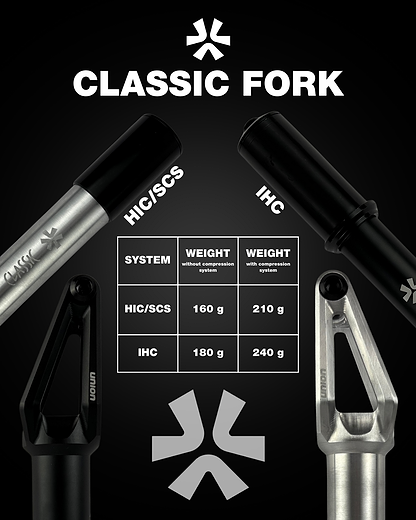 Image features the Union Classic Lightweight IHC Stunt Scooter Fork by Union in black, shown with an HIC/SCS fork and a weight comparison chart: HIC/SCS 160g/210g, IHC 180g/240g. “CLASSIC FORK” is displayed at the top.