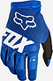 The FOX Dirtpaw Skate Protection Gloves - Blue feature black and white accents, a white FOX logo on the back, raised blue lettering on the fingers, and armoured knuckle coverage for extra protection.