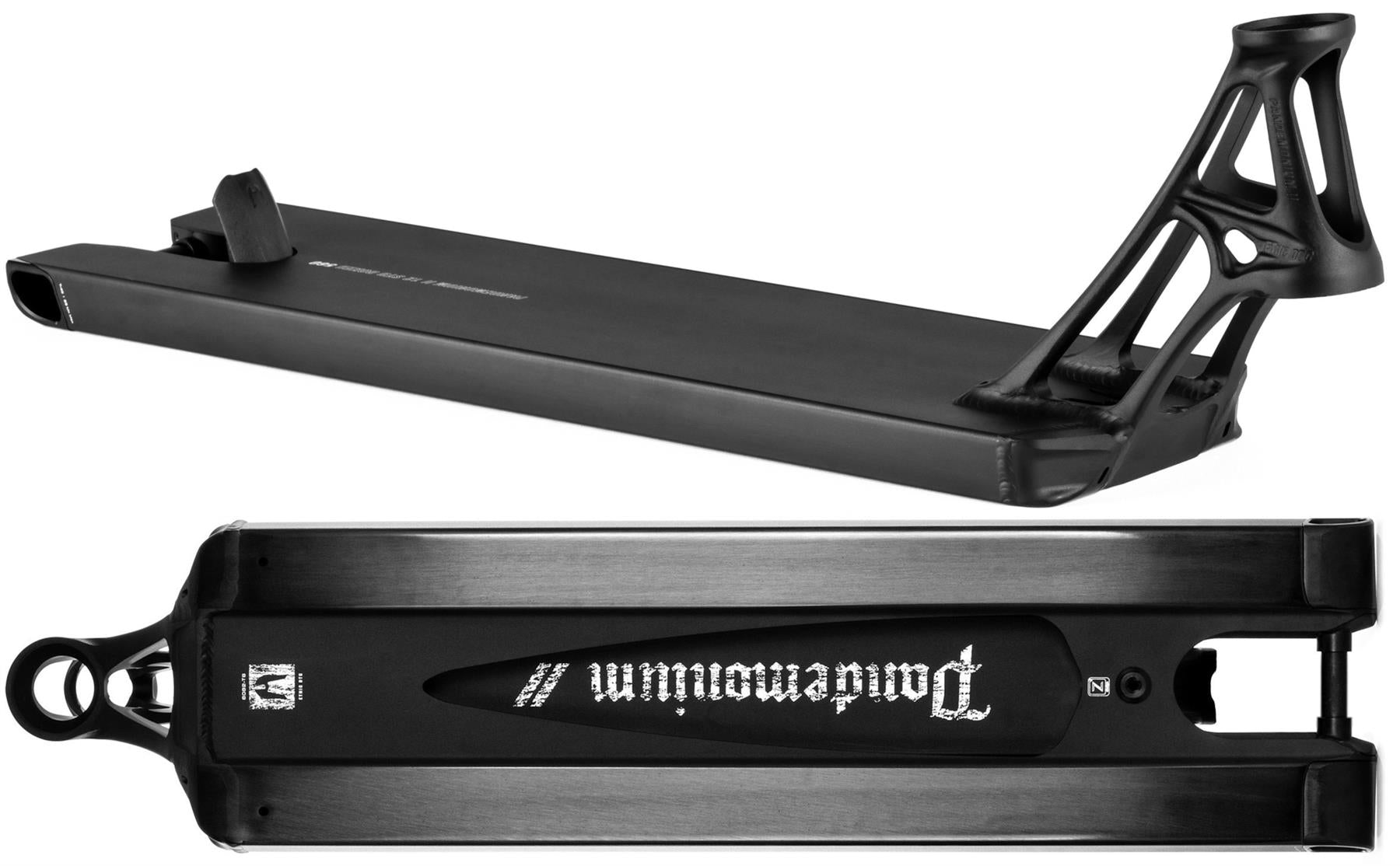 Two views of the Ethic Pandemonium V2 Boxed 8/12STD 5.9" Black Stunt Scooter Deck: the top with angled neck and cut-outs, and the underside with bold white Ethic branding.