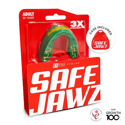 A red package displays the Safejawz Extro Series Protection Mouthguard - Ogre for adults in green and yellow, featuring "3X Stronger," "Case Included," SAFEJAWZ branding, and award logos.