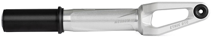 The Ethic DTC Merrow V3 8/12STD IHC Stunt Scooter Forks in Raw feature a silver and black finish, cylindrical section on one end, a cutout near the other, "ETHIC DTC" engraving, and are compatible with 12STD setups.