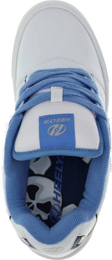 Top view of Heelys Pro 25 V2 Prints Boys Shoes in white and blue, featuring blue laces, a black and white skull insole graphic for a retro look, and "HEELYS" branding on the tongue and insole.