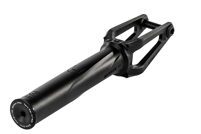 The Ethic DTC Merrow V3 SCS Stunt Scooter Fork in black features a modern 7075 aluminium build with cut-out sections and a cylindrical axle area, offering lightweight strength and stylish Ethic branding.