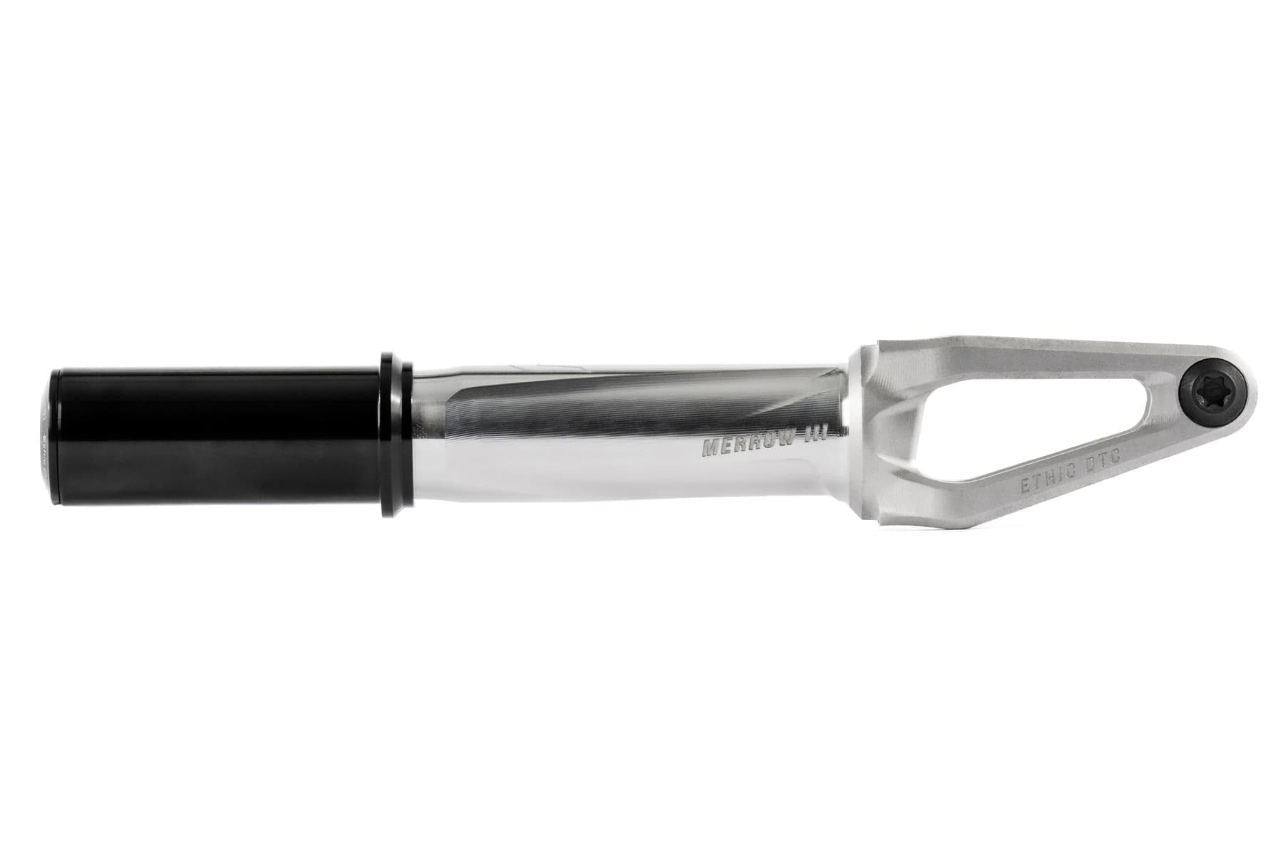 The Ethic DTC Merrow V3 IHC Stunt Scooter Fork in Raw Silver is a lightweight 7075 aluminium fork from Ethic, featuring a polished silver finish, black cylindrical attachment, and an open slot with a bolt.