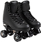 A pair of Rookie Classic 78 Quad Roller Skates - Black by Rookie, featuring lace-up boots and four wheels each, displayed side by side on a white background.