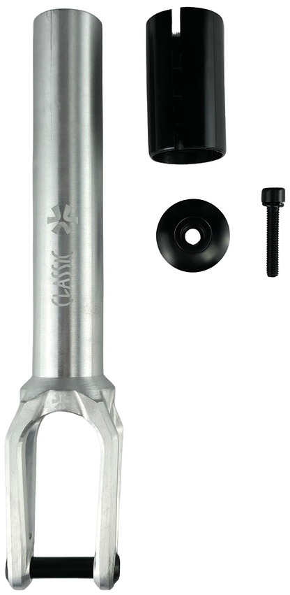 The Union Classic Lightweight HIC/SCS Stunt Scooter Fork - Polished by Union features a silver cylindrical fork, black clamp, top cap, and bolt, all arranged vertically on a white background.