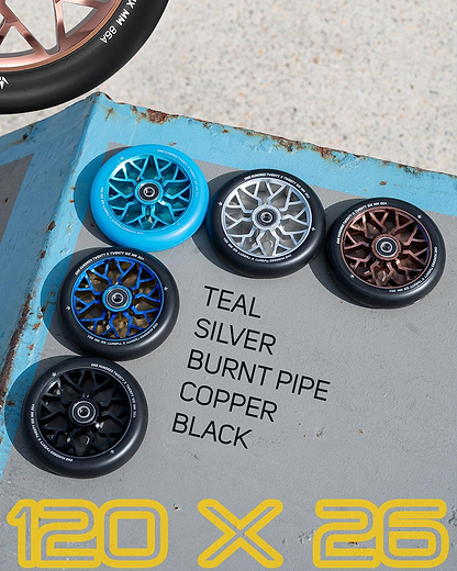 The Blunt Envy Sector 120mm Stunt Scooter Wheel in copper is shown among six wheels on concrete, with each color labeled in black text. "120 x 26" appears in bold yellow at the bottom.