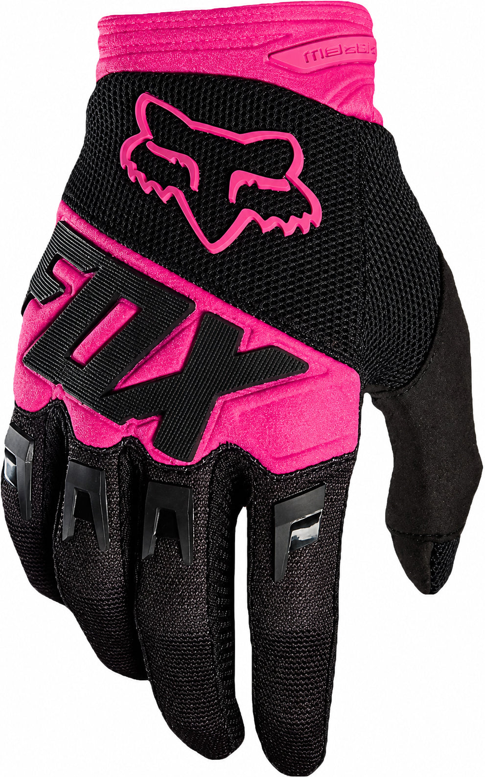 The FOX Dirtpaw Skate Protection Gloves in Black/Pink feature the FOX logo on the back, bold "FOX" lettering, touchscreen compatibility, and armored knuckle coverage for extra protection.
