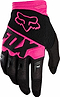 The FOX Dirtpaw Skate Protection Gloves in Black/Pink feature the FOX logo on the back, bold "FOX" lettering, touchscreen compatibility, and armored knuckle coverage for extra protection.