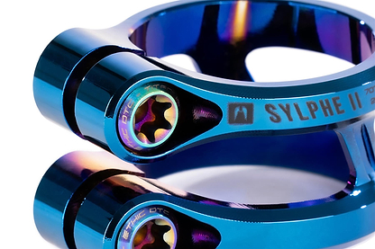 Close-up of the Ethic DTC Sylphe V2 2 Bolt Oversized Stunt Scooter Clamp in Chrome Blue—designed by Ethic, featuring a star-shaped bolt and "SYLPHE II" engraving. A sleek, lightweight upgrade for stunt scooters.