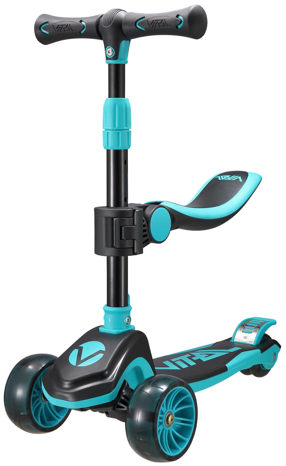The Vital Tyke 3 Wheel Kids Scooter by Vital features a teal color, adjustable handlebar, foldable seat, and three wheels—ideal as a first scooter for young children.